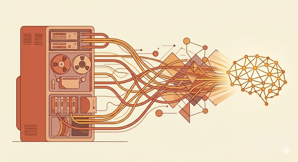 AI evolution — vintage mainframe flowing into a modern neural network brain
