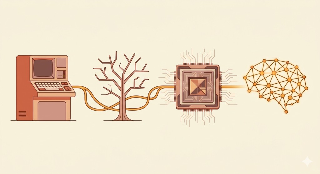 AI timeline — four eras from vintage computer to neural network brain