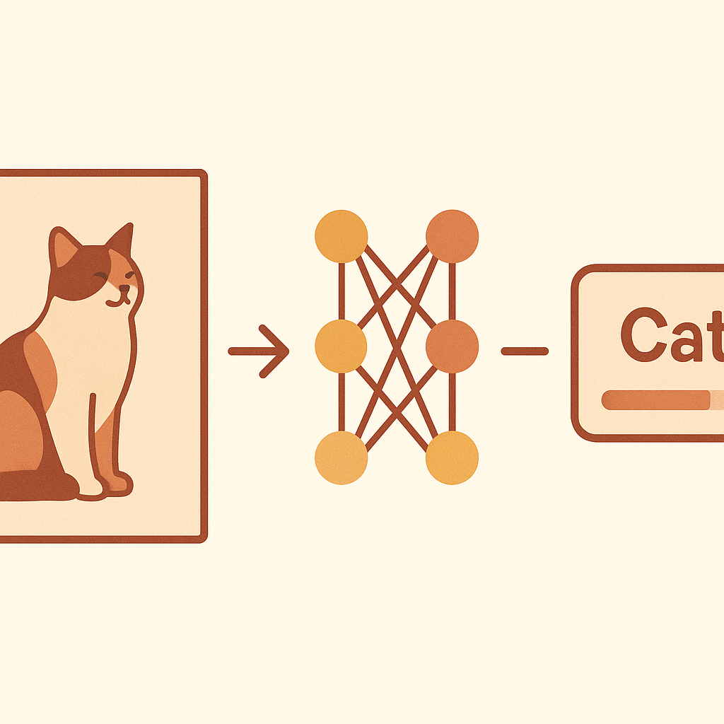 Image classification — cat photo goes through neural network, outputs 'Cat' label