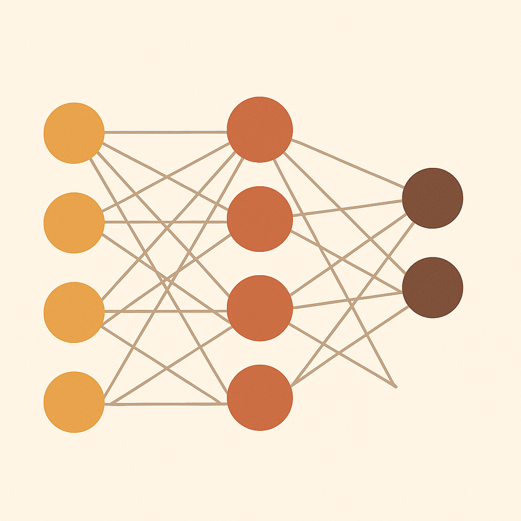 Neural network architecture — three layers of warm-colored nodes connected by lines