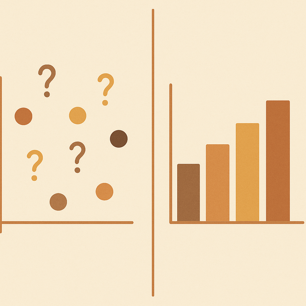Good data vs bad data — scattered question marks versus organized bar chart
