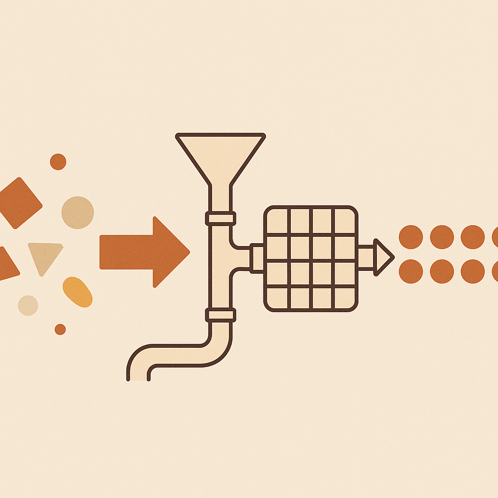 Data pipeline — messy raw data flows through cleaning stages into organized structured data
