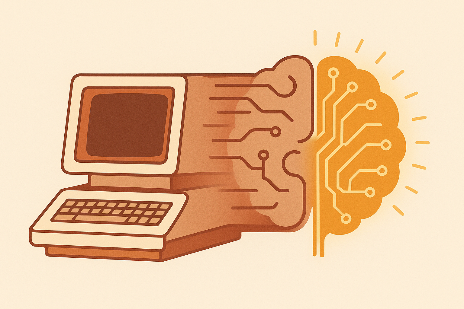 AI history illustration — vintage computer transforming into neural brain