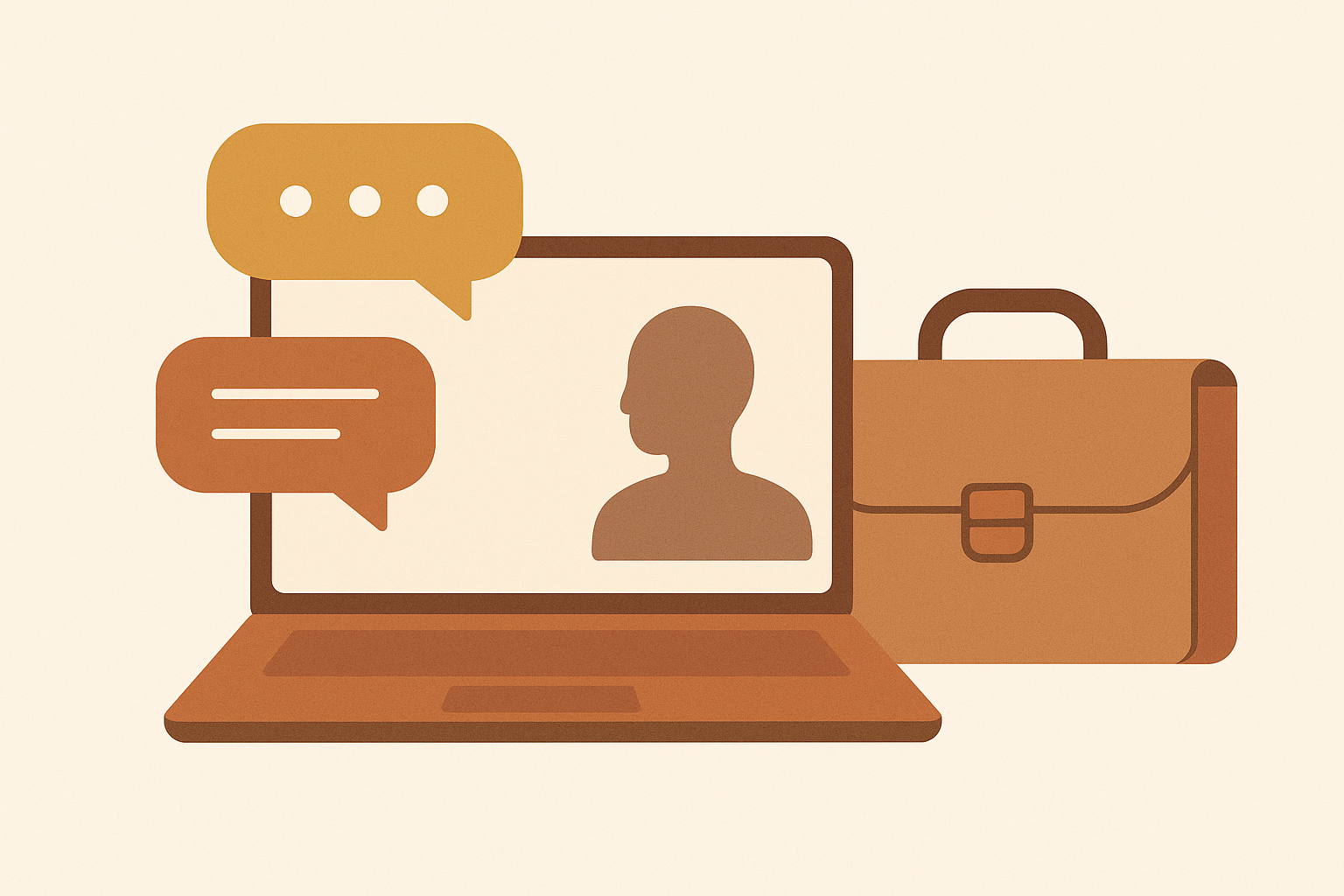 Interview prep illustration — laptop with chat bubbles and briefcase