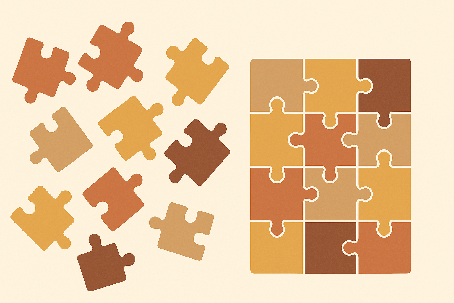 Data quality illustration — scattered puzzle pieces becoming organized